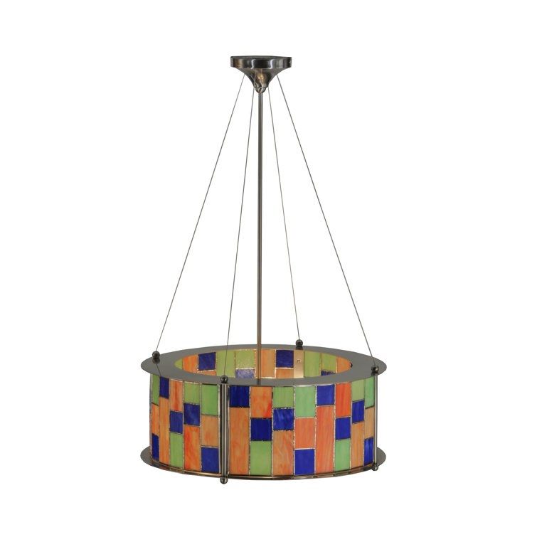 Sleek Brushed Nickel 3-Light Drum Chandelier with Stained Glass