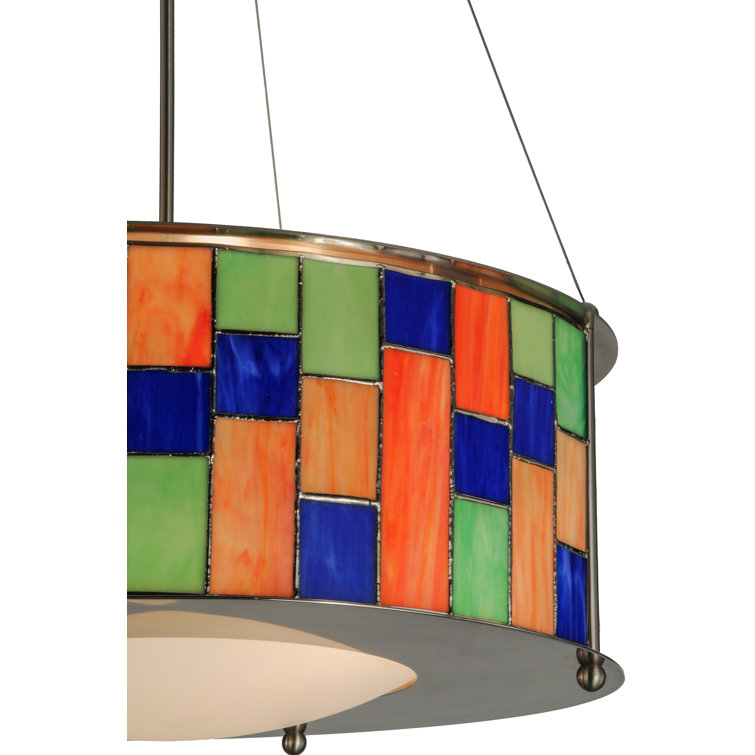 Sleek Brushed Nickel 3-Light Drum Chandelier with Stained Glass