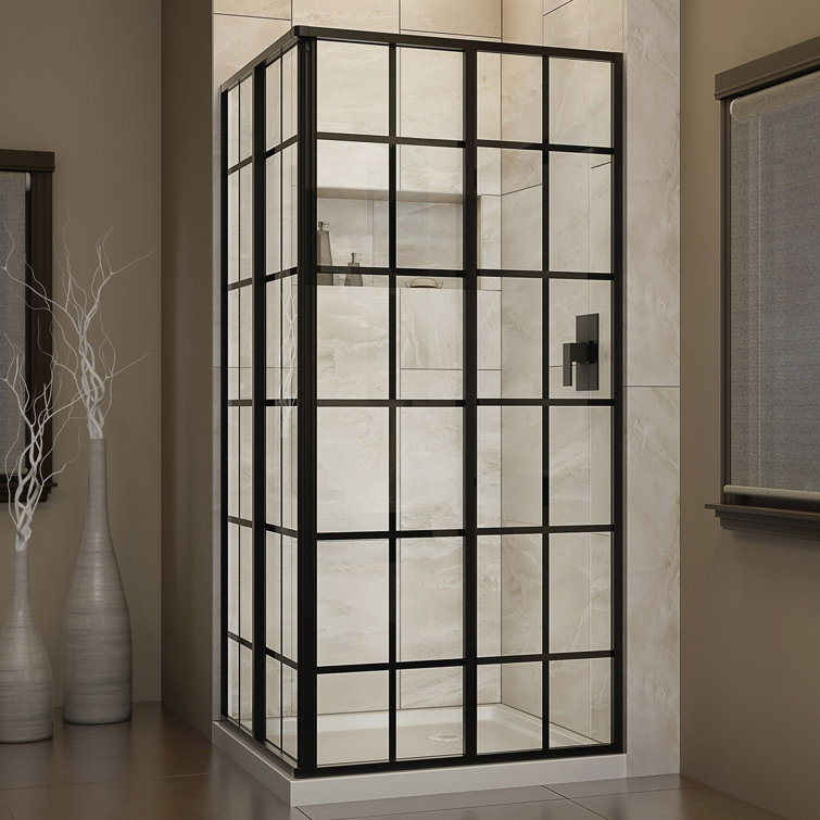 French Corner 34.5" Black Framed Sliding Shower Enclosure