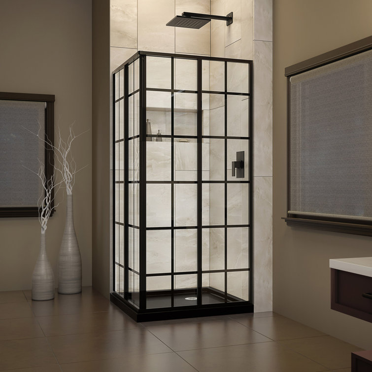 French Corner 36" Black Framed Sliding Shower Enclosure