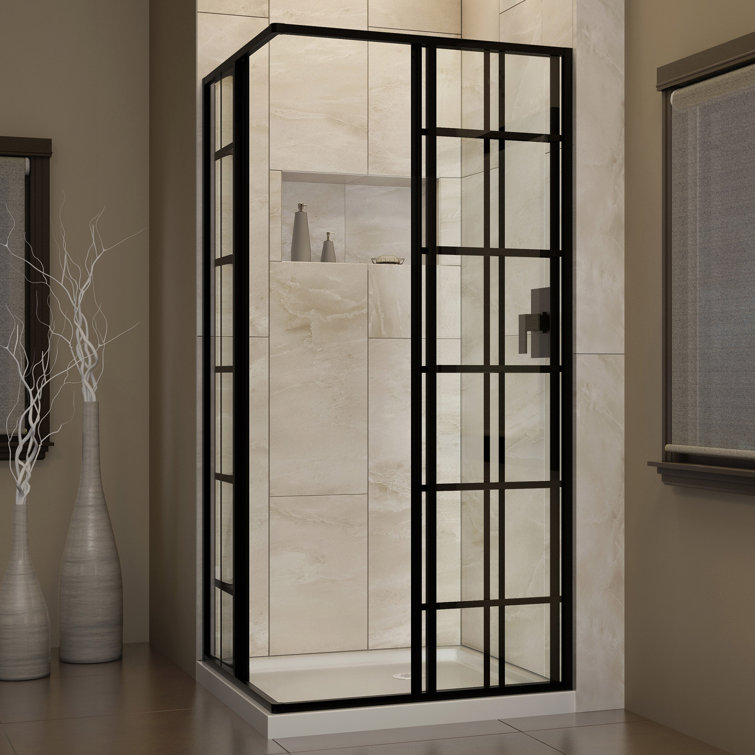 French Corner 34.5" Black Framed Sliding Shower Enclosure
