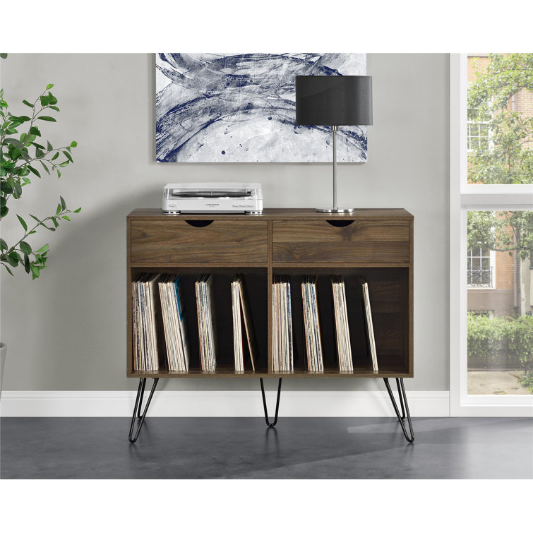 Mid-Century Walnut Turntable Stand with Hairpin Legs and Storage