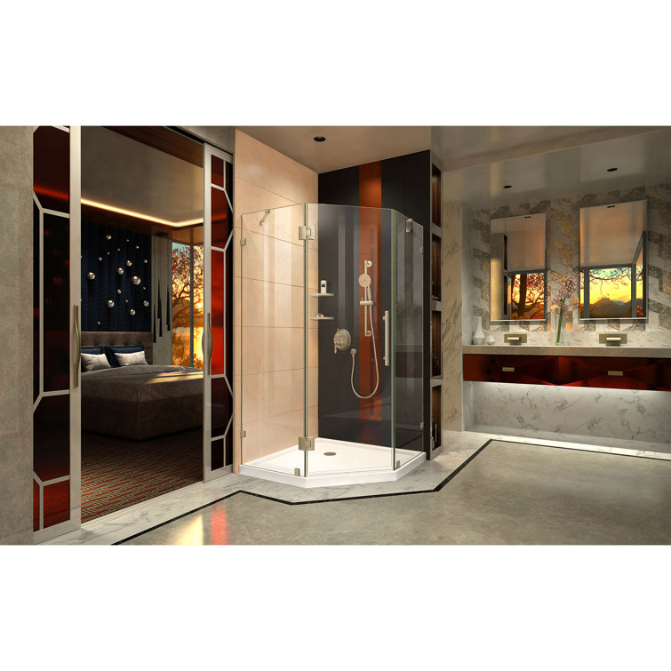 Neo-Angle Frameless Clear Glass Hinged Shower Enclosure with Black Hardware