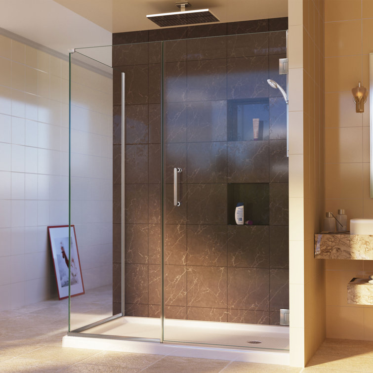 Unidoor Plus Frameless Clear Glass Hinged Shower Enclosure with Distressed Bronze Hardware