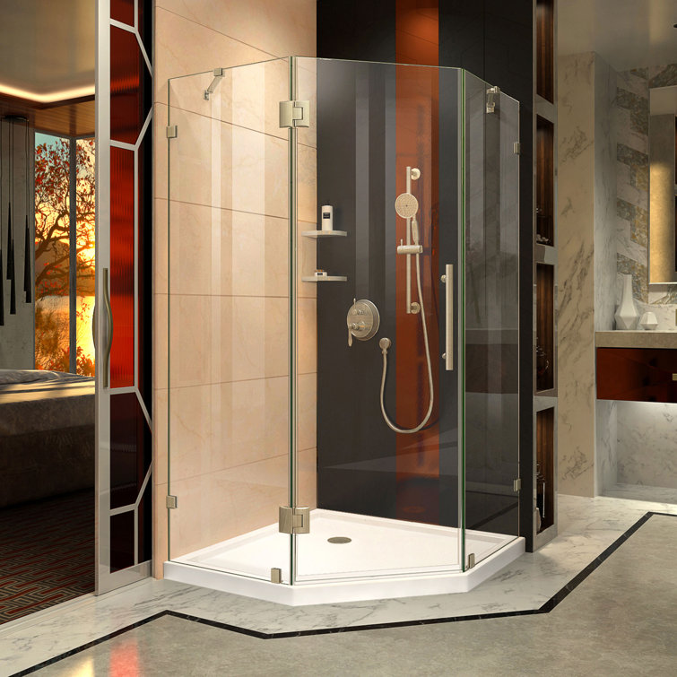 Neo-Angle Frameless Clear Glass Hinged Shower Enclosure with Black Hardware
