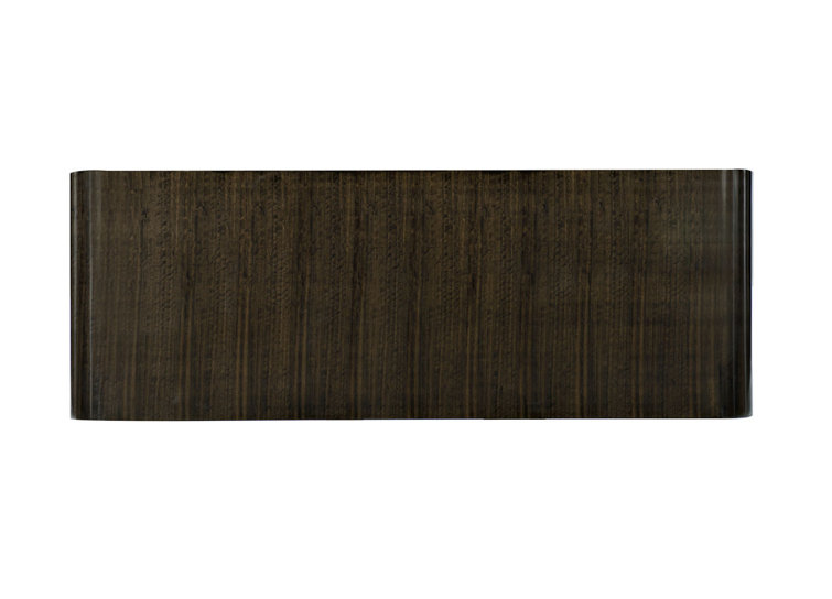 Aged Bourbon Rectangular Wood Cocktail Table with Bronze Pedestals