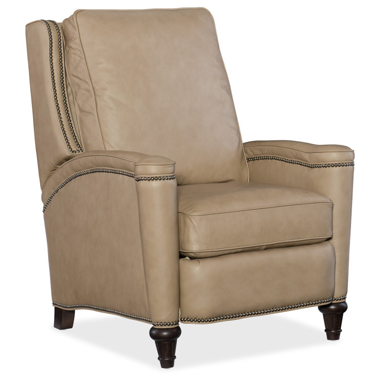 Handcrafted Beige Leather and Wood Traditional Recliner