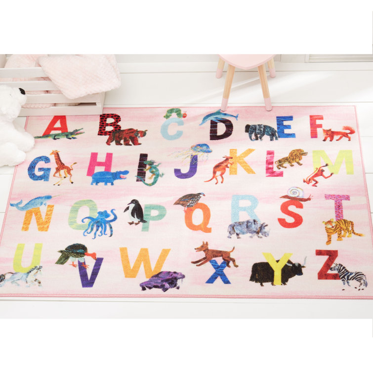 Pink Alphabet Zoo Synthetic Rectangular Kids Area Rug 4' x 6'