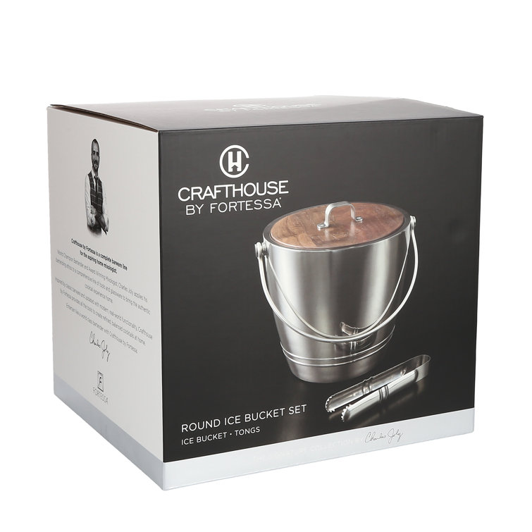 Stainless Steel Ice Bucket with Wooden Lid and Tongs