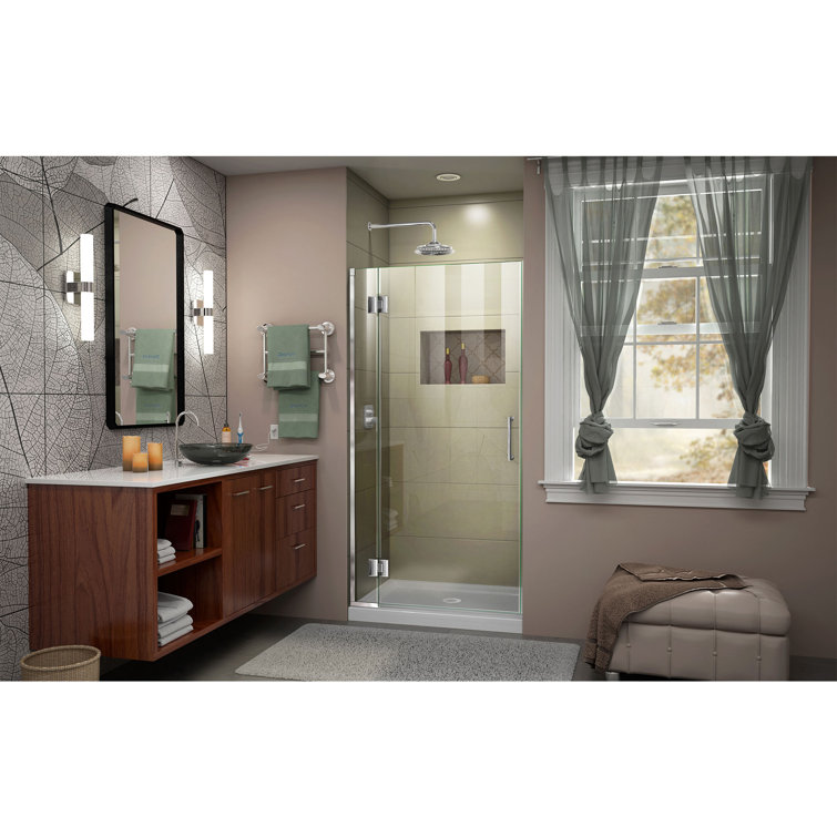 Unidoor-X 36" Frameless Clear Glass Hinged Shower Door with Distressed Bronze Hardware