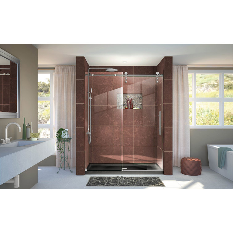 Enigma-Z Frameless Sliding Shower Door with Clear Glass and Stainless Steel Hardware