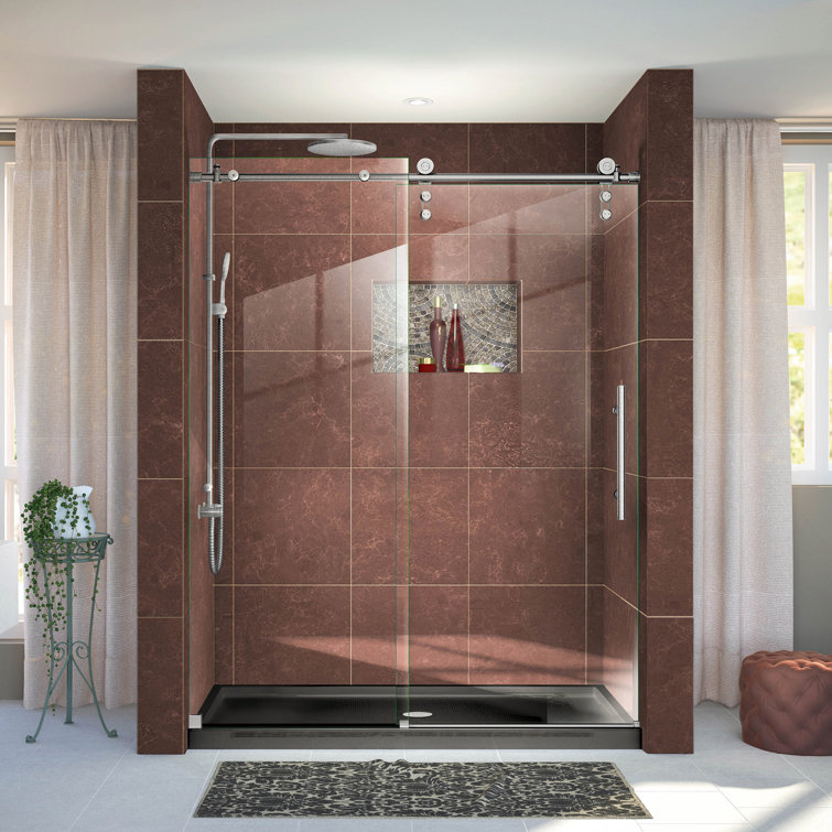 Enigma-Z Frameless Sliding Shower Door with Clear Glass and Stainless Steel Hardware