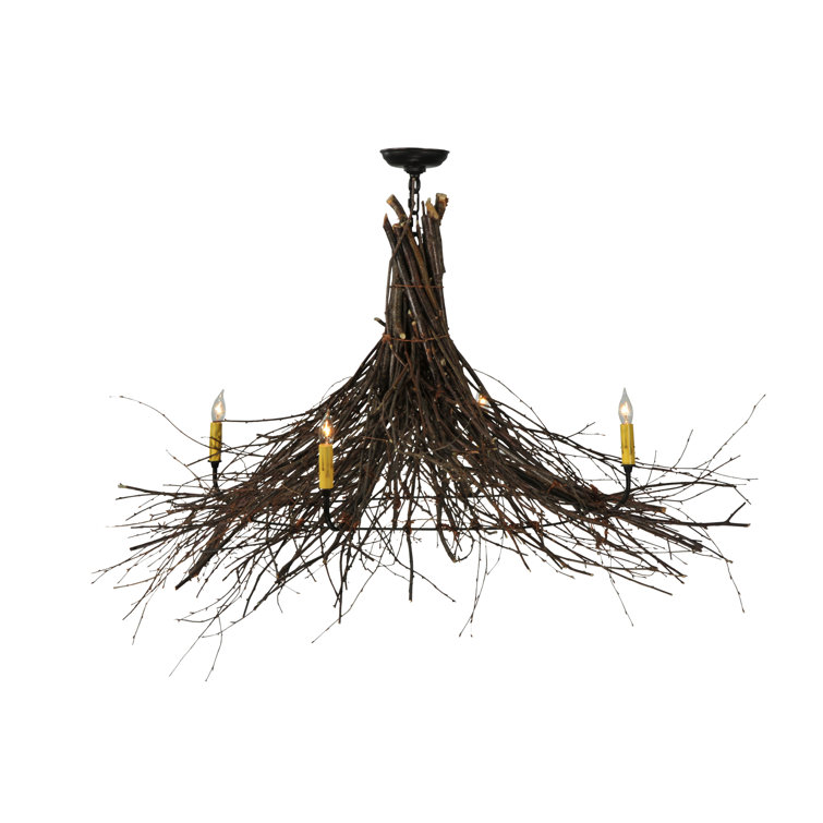 Rustic Bronze 4-Light Twig Chandelier with Faux Candlelights