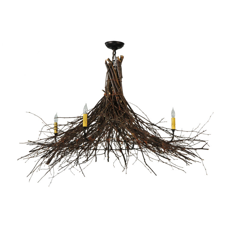 Rustic Bronze 4-Light Twig Chandelier with Faux Candlelights