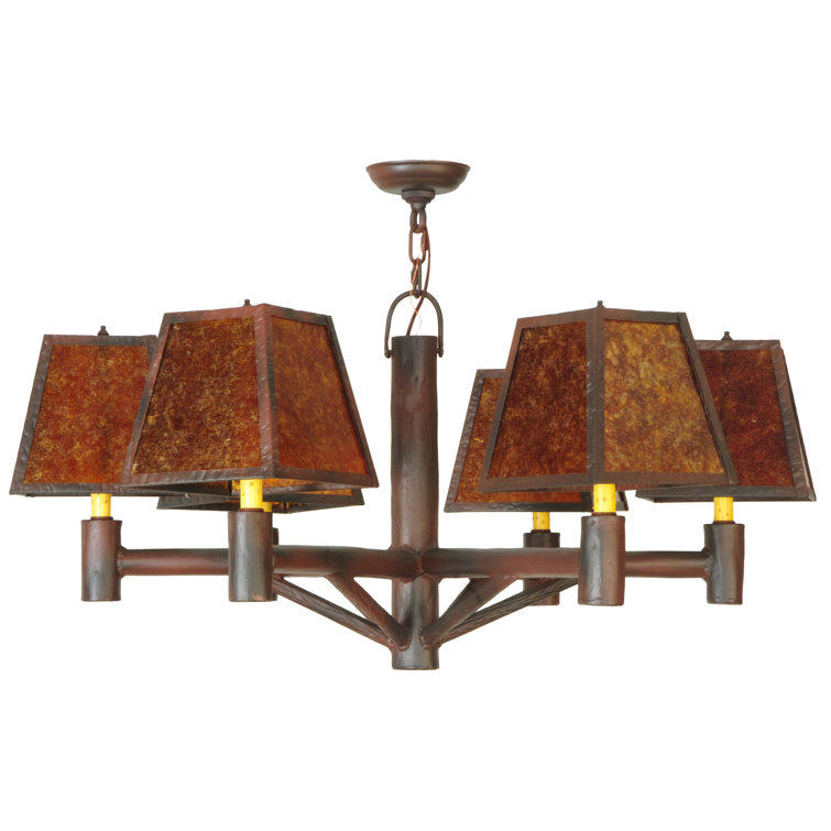 Bronze Mission Style 6-Light Chandelier with Amber Shades