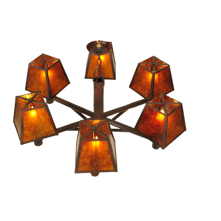 Bronze Mission Style 6-Light Chandelier with Amber Shades