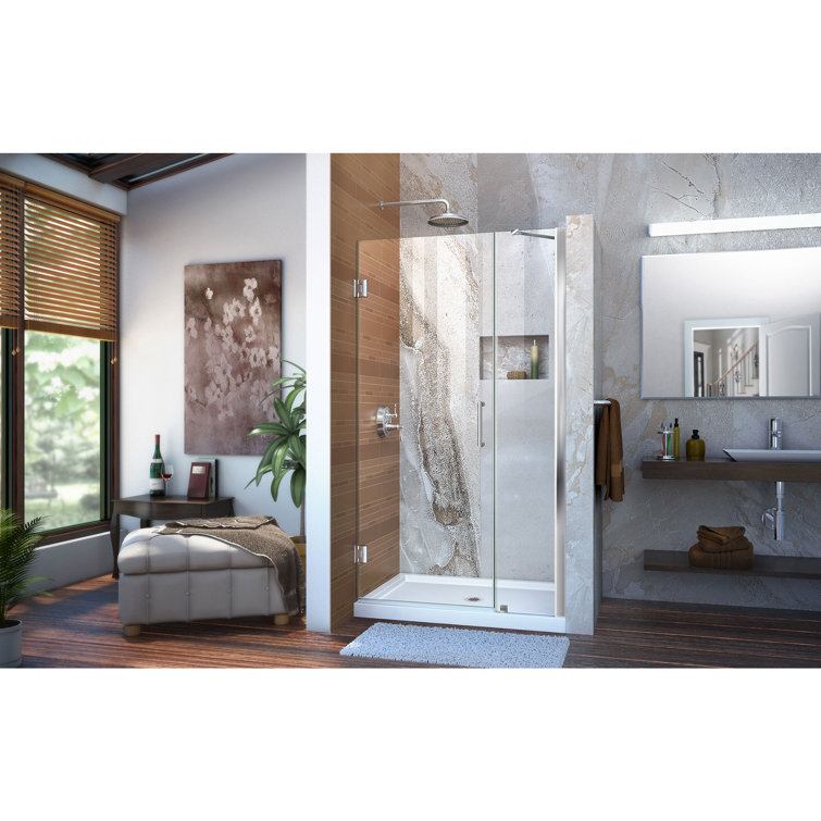 Unidoor 43" Black Hinged Frameless Shower Door with Clear Glass