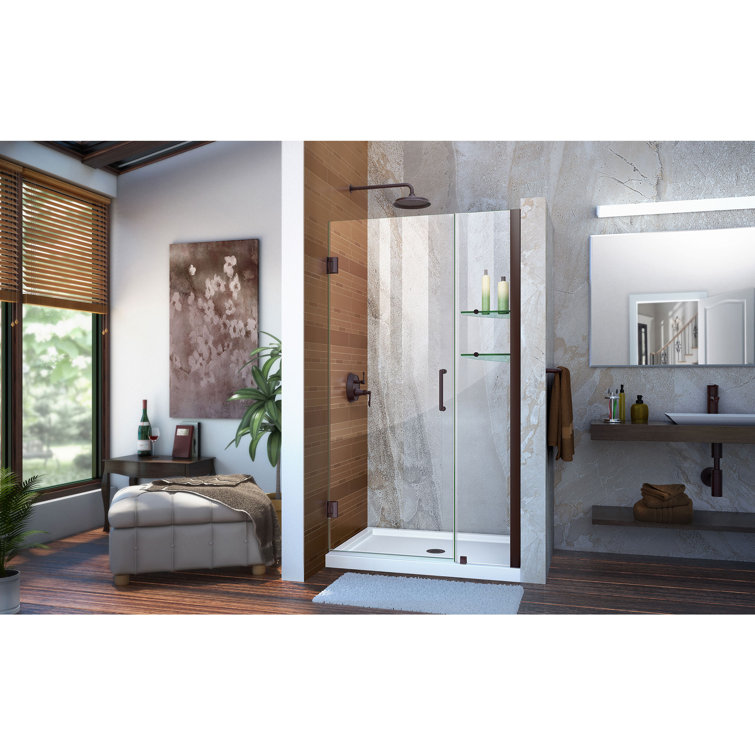 Unidoor 42" Black Frameless Hinged Shower Door with Clear Glass
