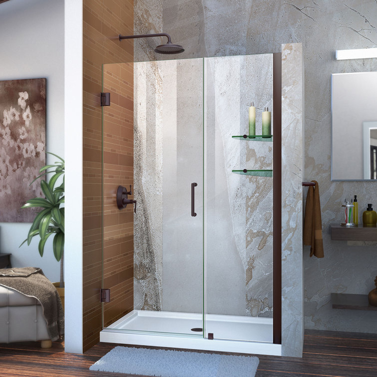 Unidoor Frameless Hinged Shower Door with Clear Glass and Black Hardware
