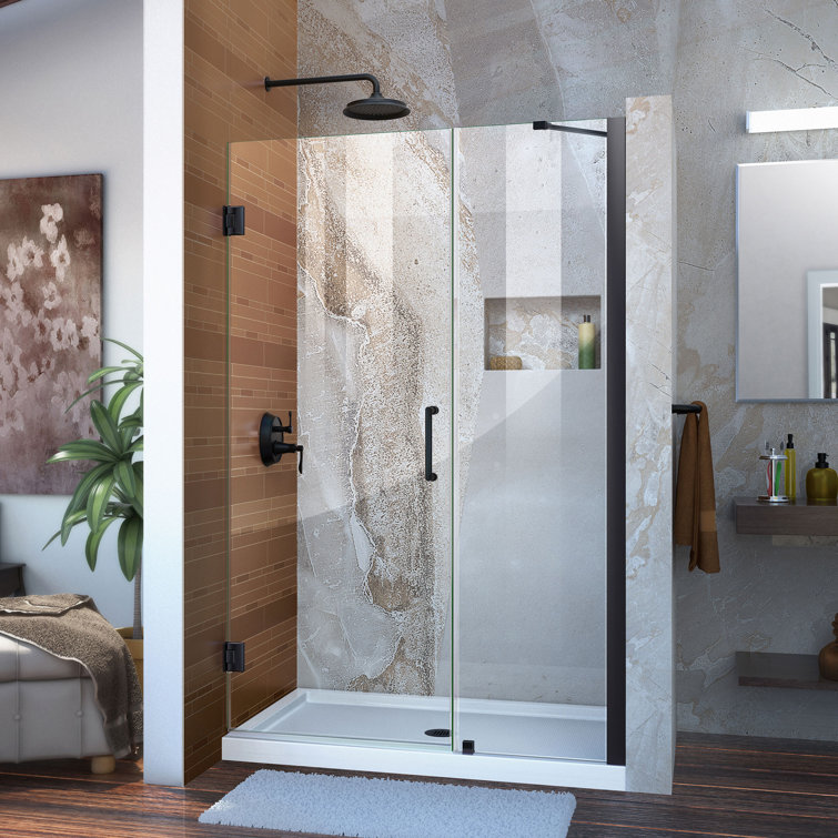 Unidoor 49" Frameless Clear Glass Hinged Shower Door in Black