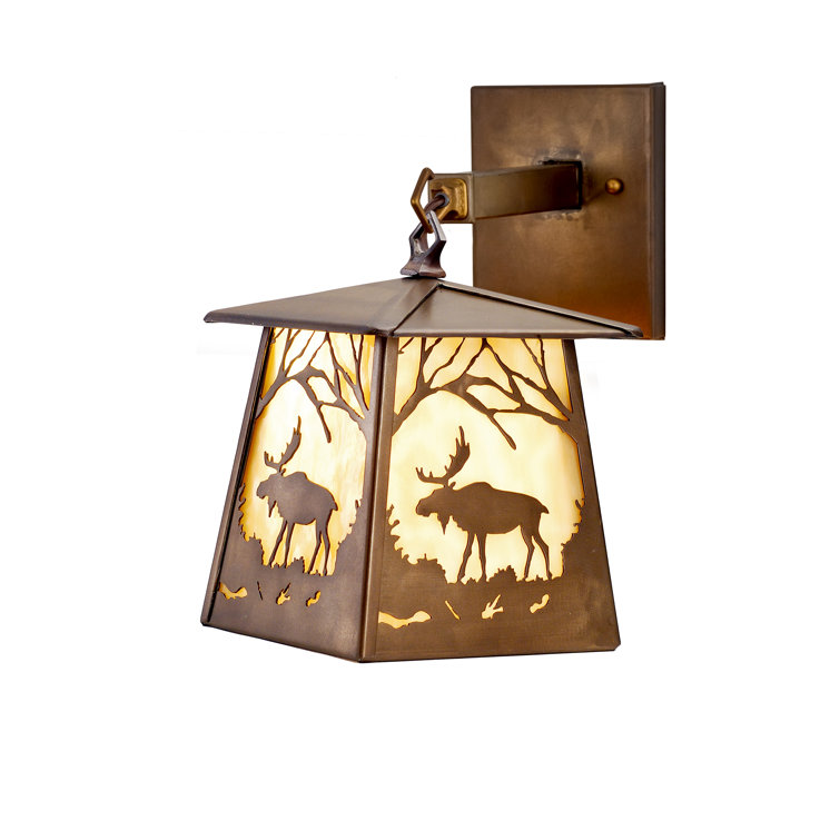 Antique Copper Moose Lantern Sconce with Beige Art Glass