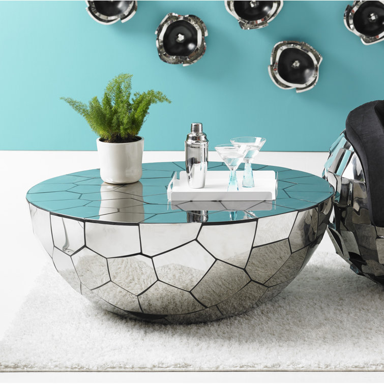 Luxe Mirror-Finish Round Stainless Steel Coffee Table in Black/Silver