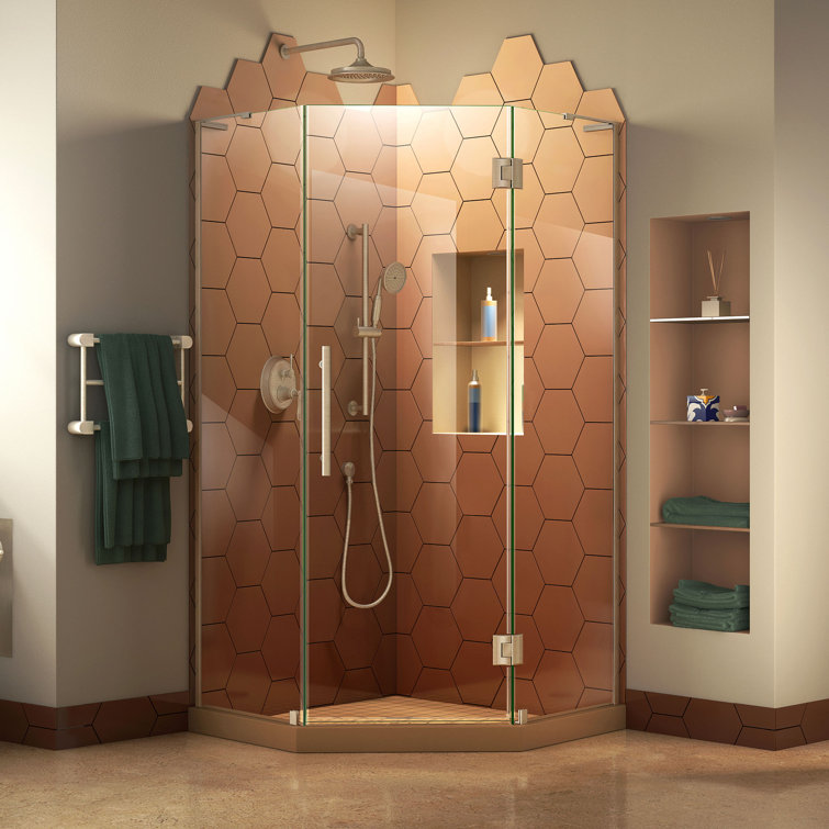 Neo-Angle Frameless Clear Glass Hinged Shower Enclosure with Black Hardware