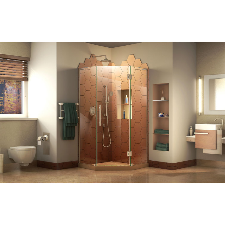 Neo-Angle Frameless Clear Glass Hinged Shower Enclosure with Black Hardware