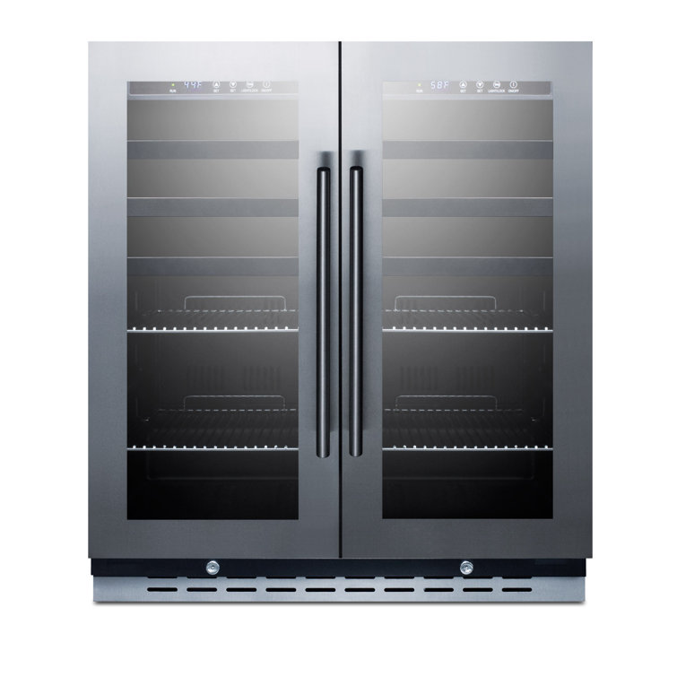 Elegant 33 Bottle Dual Zone Wine and Craft Beer Refrigerator with French Door Swing