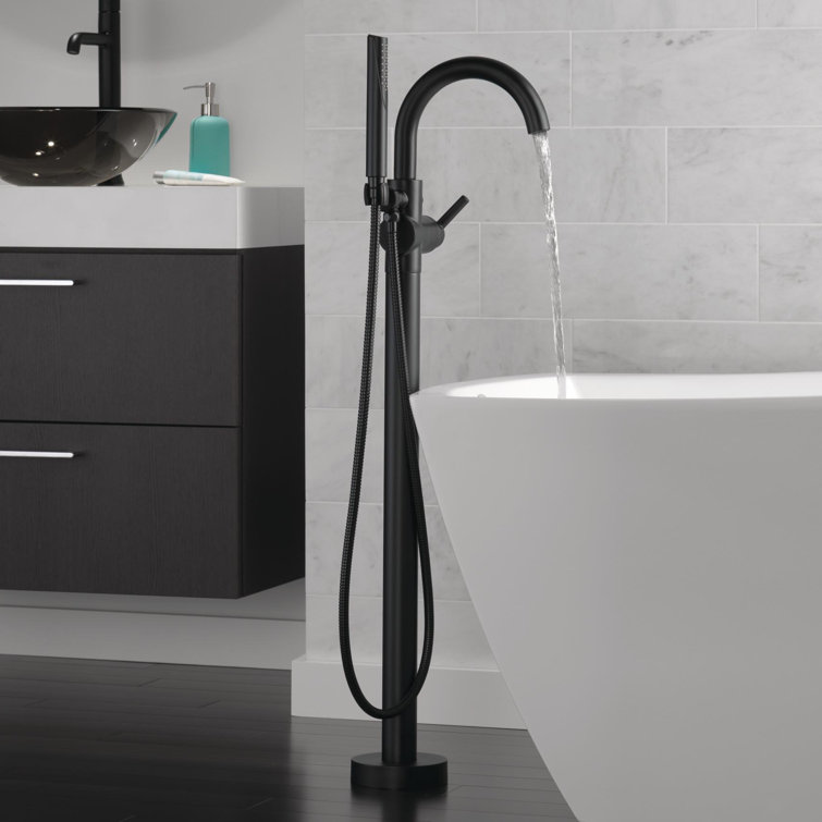 Matte Black Brass Floor Mounted Tub Filler with Handshower
