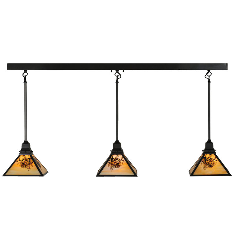Rustic Craftsman Brown 3-Light Island Pendant with Beige Iridescent Glass