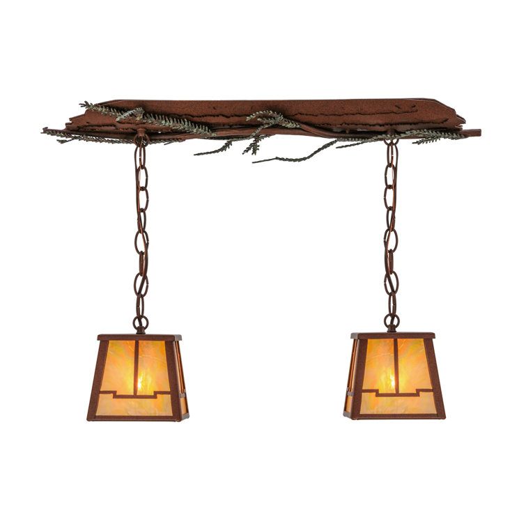 Rustic Pine Branch 2-Light Island Pendant with Iridescent Glass