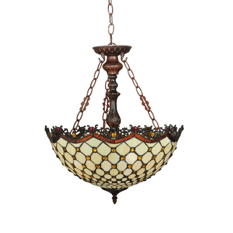 Elegant Amber Jewel & Beige Glass 3-Light Mahogany Bronze Pendant