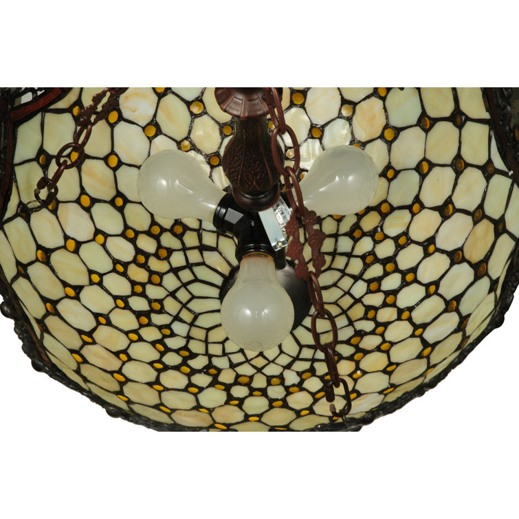 Elegant Amber Jewel & Beige Glass 3-Light Mahogany Bronze Pendant