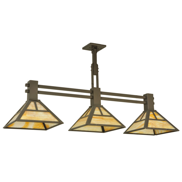 Beige Art Glass 3-Light Craftsman Island Pendant in Timeless Bronze