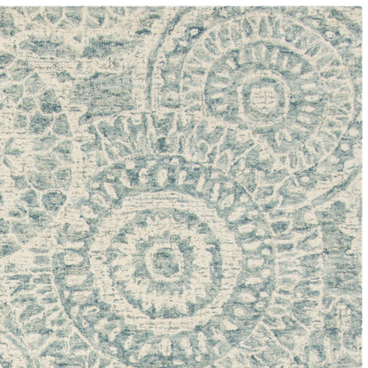 Ivory and Blue Abstract Handmade Wool 6' x 9' Area Rug