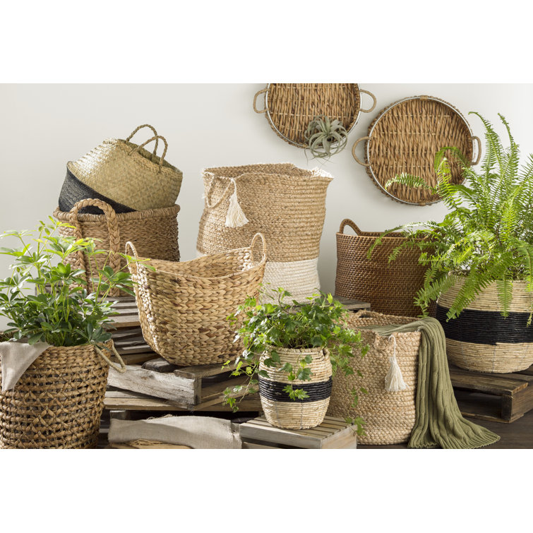 20" Round Natural Seagrass Woven Storage Basket Set with Metal Ring Handles