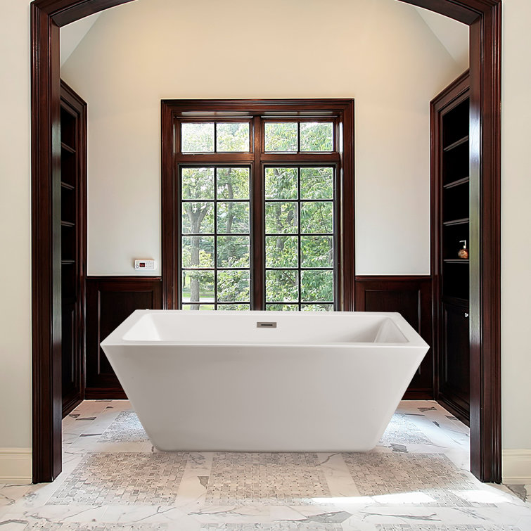 60" White Acrylic Freestanding Soaking Bathtub with Chrome Drain