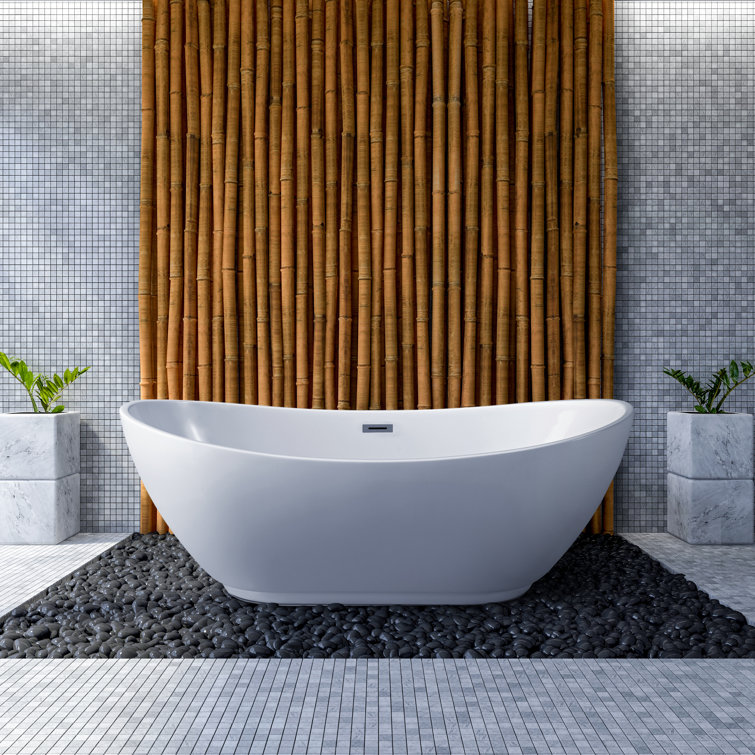 62'' White Glossy Acrylic Freestanding Soaking Tub with Chrome Drain