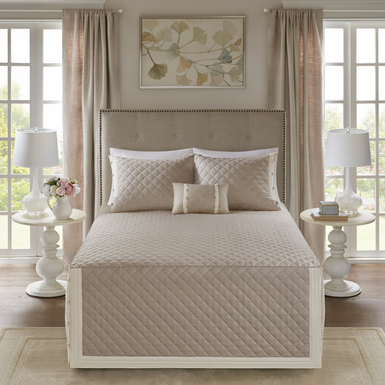 Khaki Cotton Reversible Full Bedspread Set with Shams