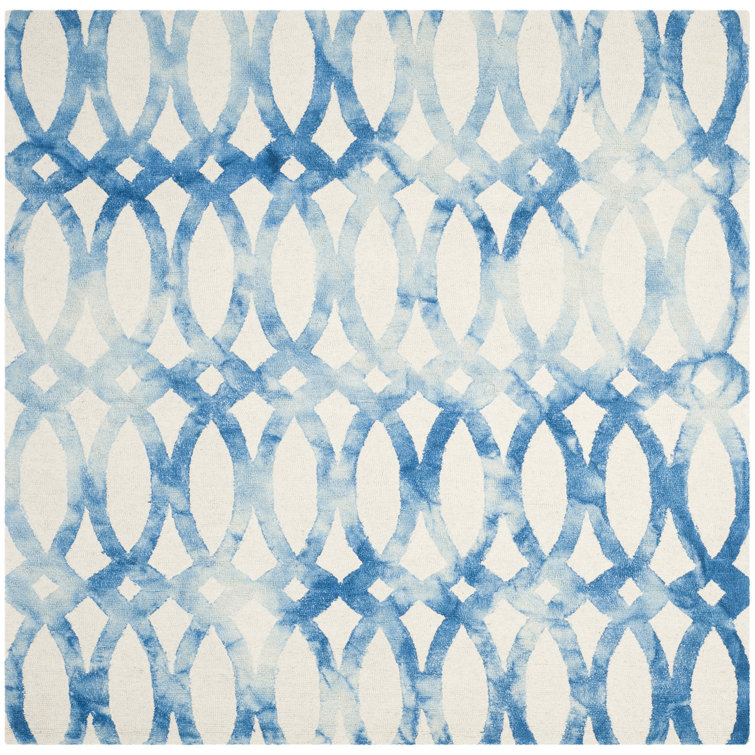 Hand-Tufted Ivory and Blue Square Wool Area Rug