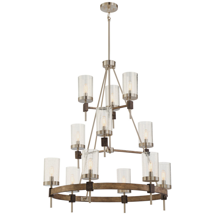 Stone Grey and Brushed Nickel 12-Light Chandelier with Clear Seedy Glass