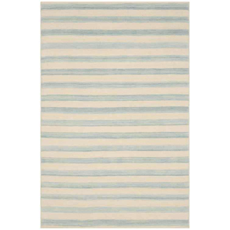 Small Sky Blue and White Wool Stripe Area Rug
