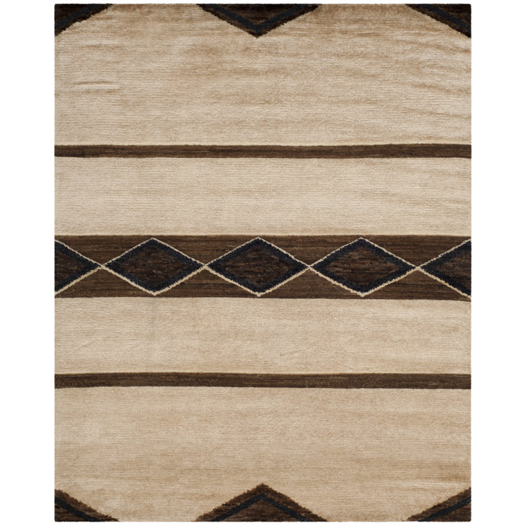 Hand-Knotted Black and Beige Wool Cotton Area Rug