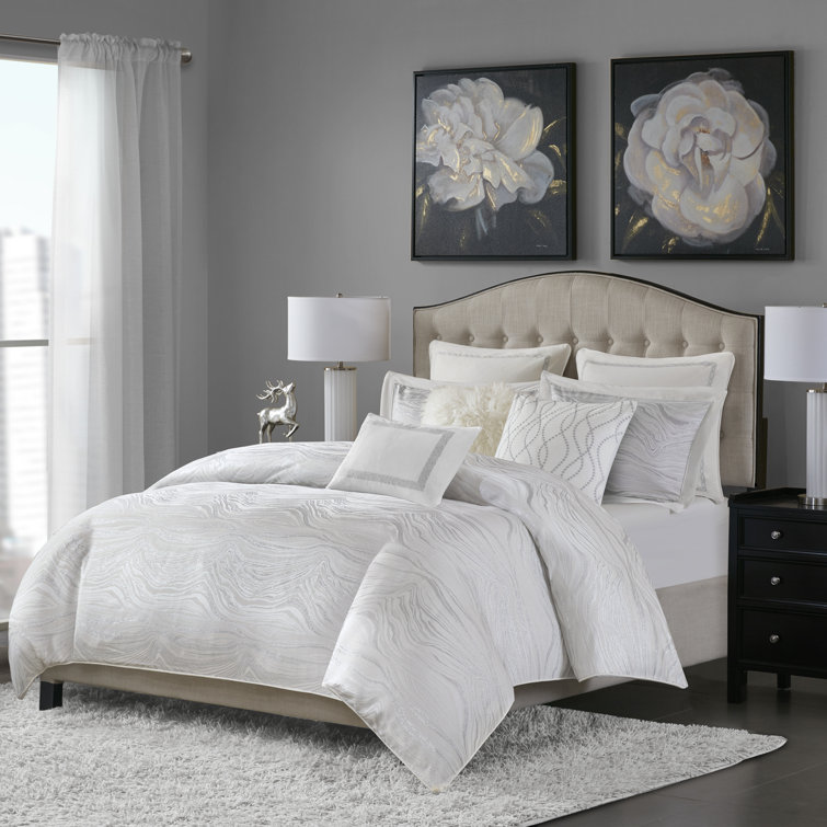 King White Microfiber Jacquard Comforter Set with Embroidered Pillows
