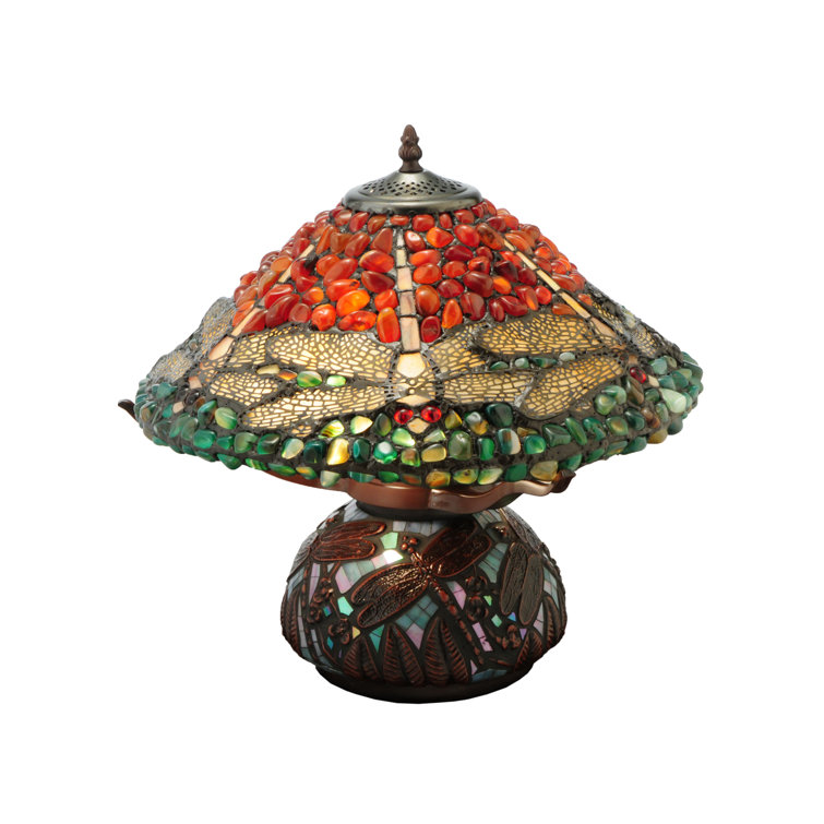 Mahogany Bronze Stained Glass Dragonfly Table Lamp with Agate Stones