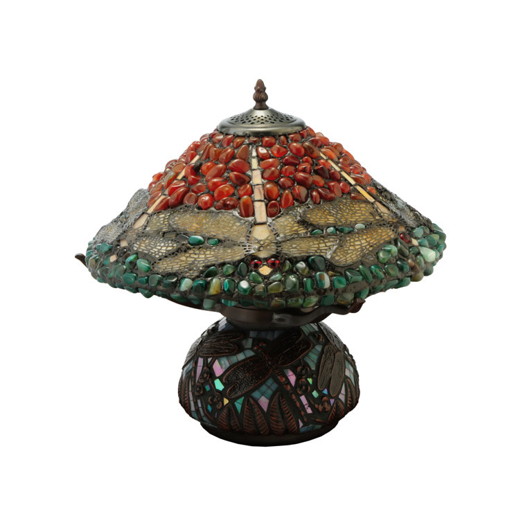 Mahogany Bronze Stained Glass Dragonfly Table Lamp with Agate Stones