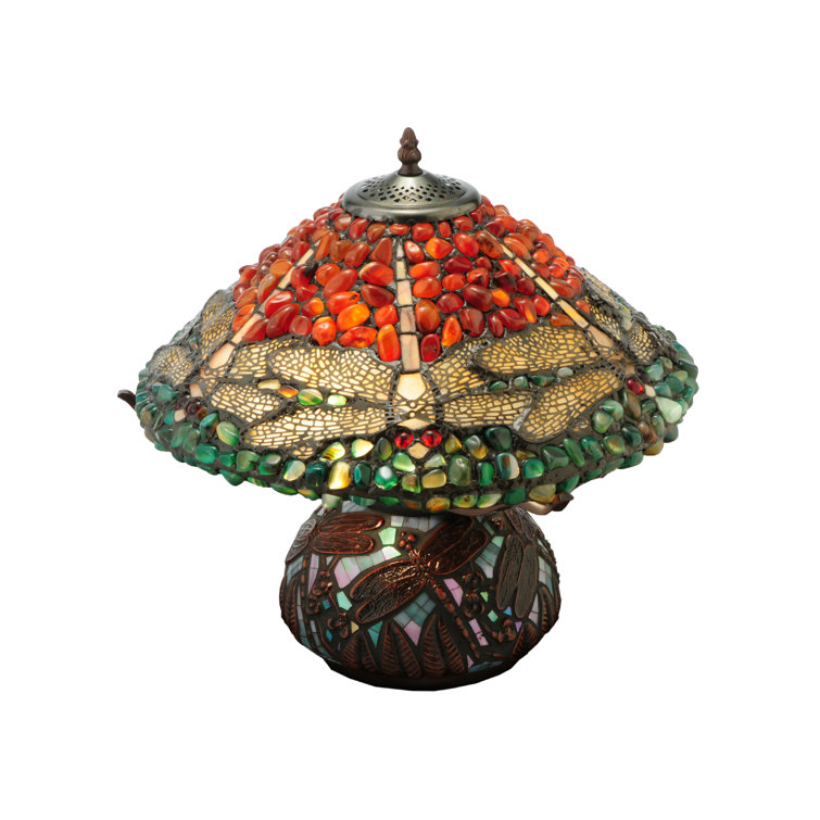 Mahogany Bronze Stained Glass Dragonfly Table Lamp with Agate Stones