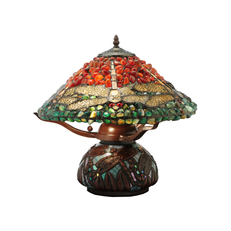 Mahogany Bronze Stained Glass Dragonfly Table Lamp with Agate Stones