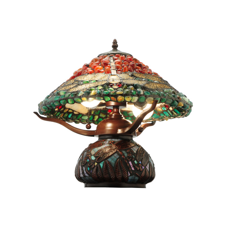 Mahogany Bronze Stained Glass Dragonfly Table Lamp with Agate Stones